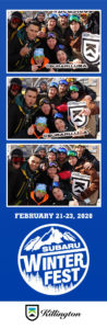 3 panel print photo booth picture of a group posing in the Subaru Winter Fest branded backdrop photo booth at Killington