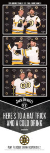3 panel print photo booth picture of two men wearing Bruins hockey gear posing in the Jack Daniel's/Bruins branded backdrop photo booth