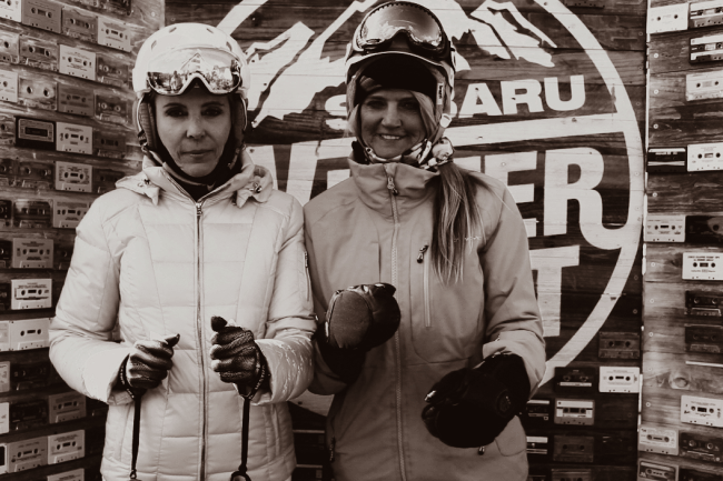 Gif of two women dressed in snow gear in a Subaru branded photo booth