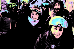 Gif of a group of skiers and snowboarders in a photo booth with a pastel filter