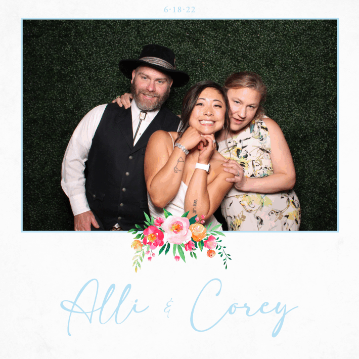 Gif of the bride and 2 others doing silly poses in a personalized wedding booth photo frame