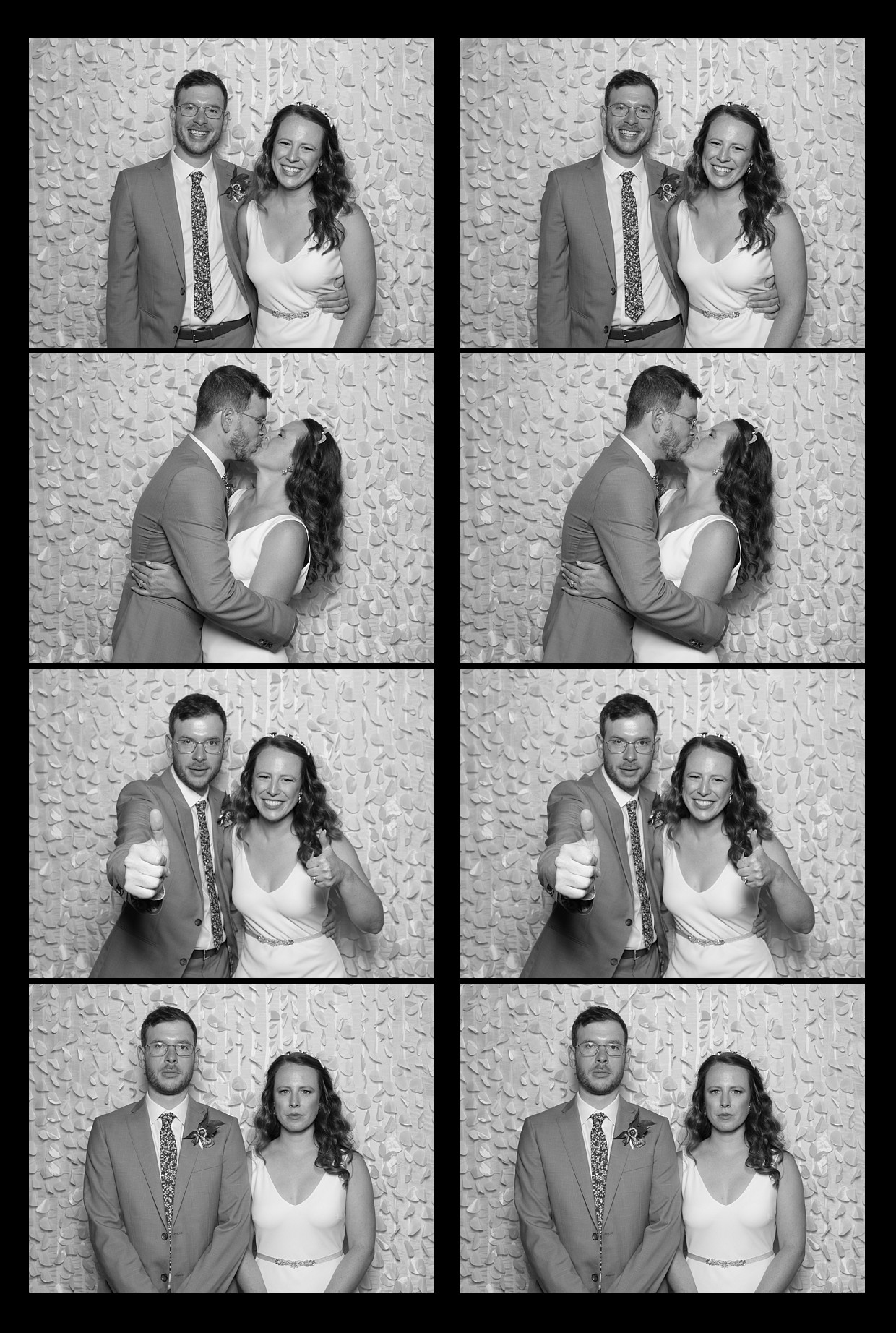 black and white photo strip of a couple in a wedding photo booth