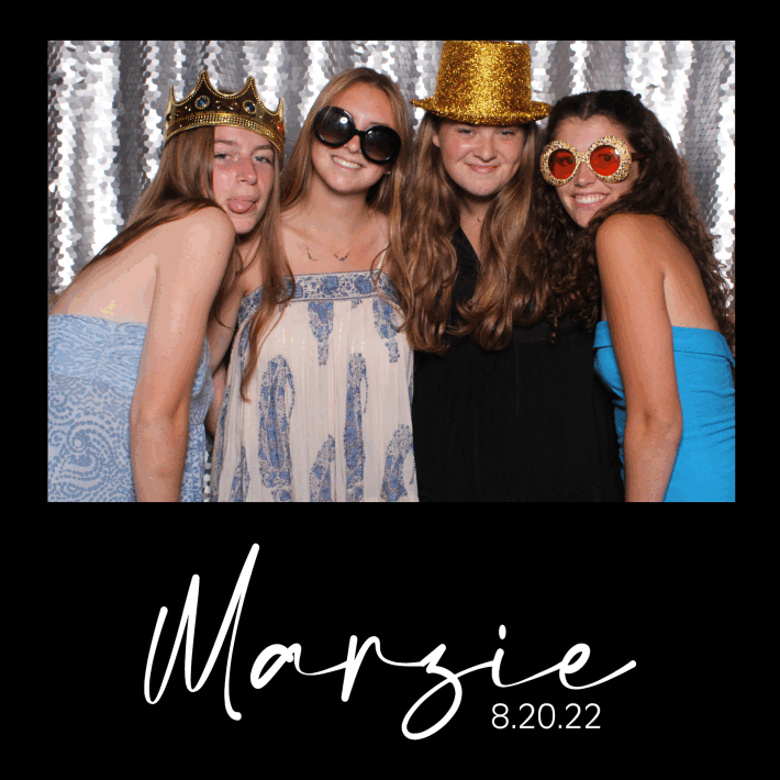 gif of a group of teenage girls wearing photo booth props in a silver background photo booth with a customized bat mitzvah photo frame
