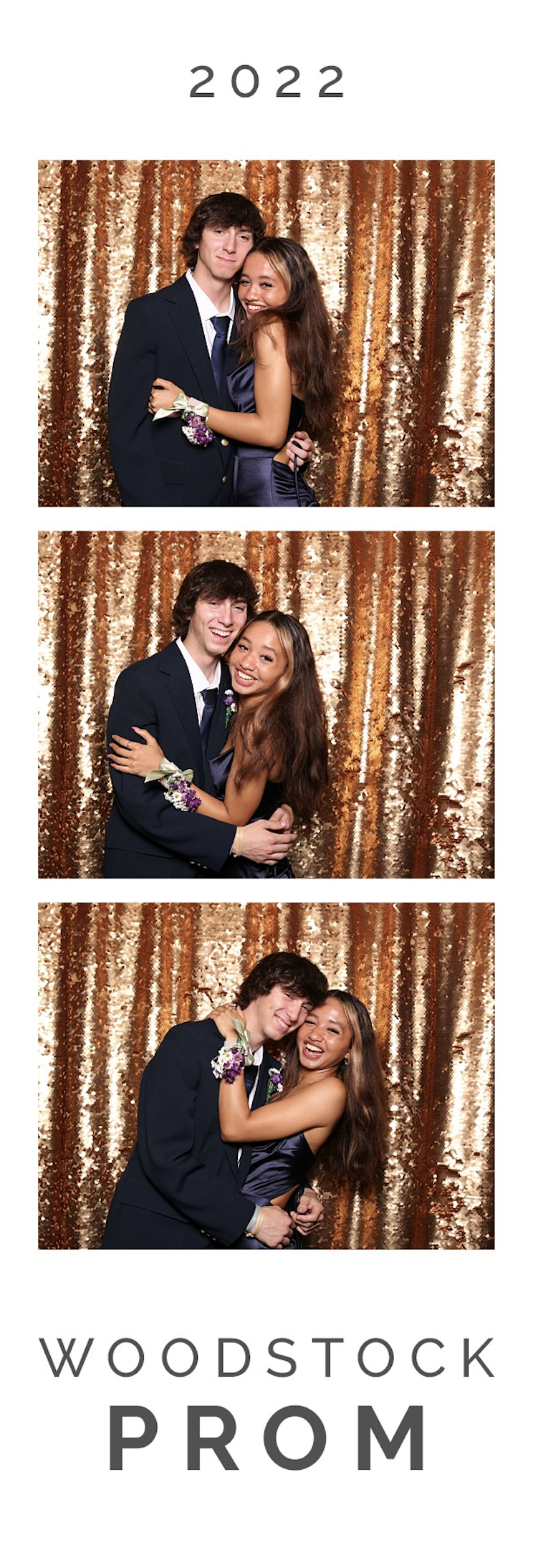 customized prom photo booth photo strip with 3 different images featuring 2 high schoolers at the Woodstock, Vermont prom